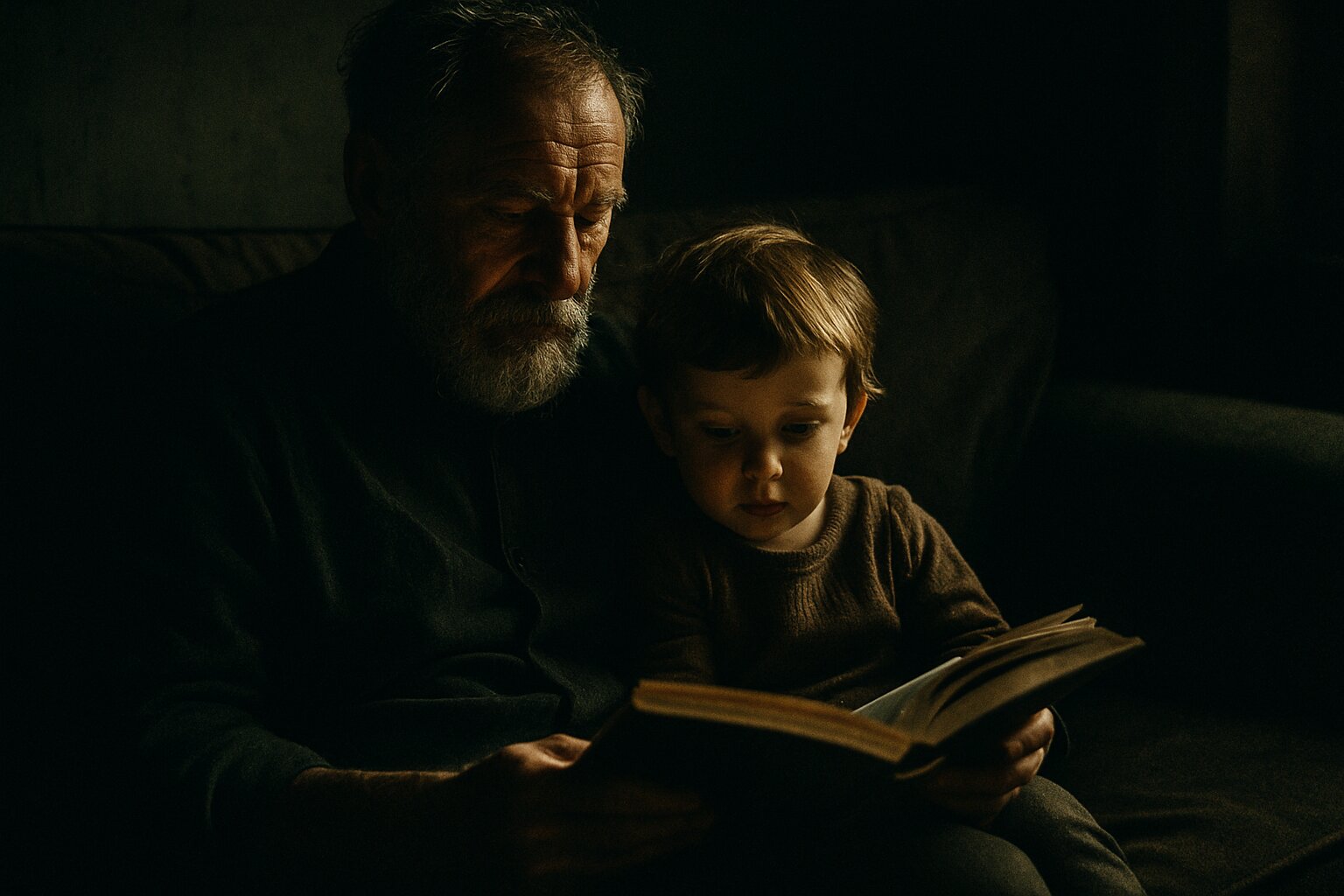 An elderly grandfather with a grey beard reading a book to a young grandchild on a worn sofa, lit by warm directional window light with deep, intimate shadows